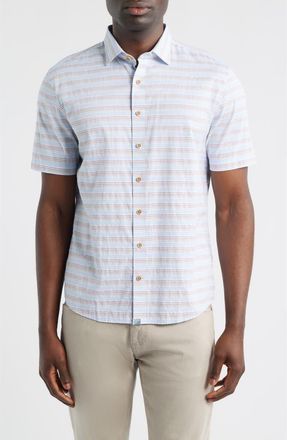 Johnnie-O Leander Stripe Short Sleeve Button-Up Shirt in Gulf Blue at Nordstrom, Size Xx-Large