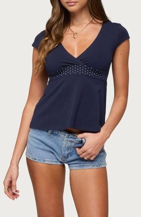 Edikted Indygo Polka Dot Babydoll Top in Navy at Nordstrom, Size X-Small