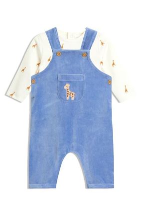 JoJo Maman B&eacute;b&eacute; Long Sleeve Bodysuit & Embroidered Giraffe Rib Velour Overalls Set in Blue at Nordstrom, Size 12-18M