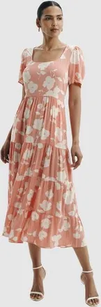 Finery Petite Teresa Printed Tiered Midi Dress in Coral Floral at Nordstrom, Size 12