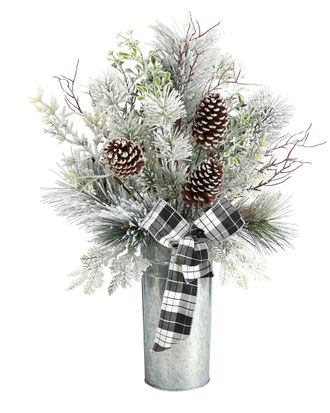 Nearly Natural Frosted Greenery And Pinecone With Plaid Bow Artificial Christmas Arrangement In Decorative Tin