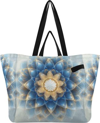 Generic Mandala Blue Golden pattern Reusable Canvas Tote Bag, Heavy Duty Grocery Shopping Bag with Double Handles Large Capacity Hard Bottom Work Groceries Tr