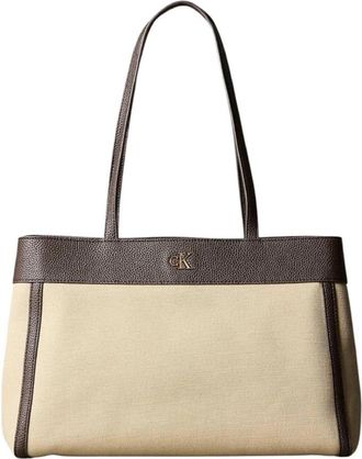 Calvin Klein Monogram Canvas Medium Tote - Dames - Shoppers - Beige - ONE Size - Katoen - Tassen