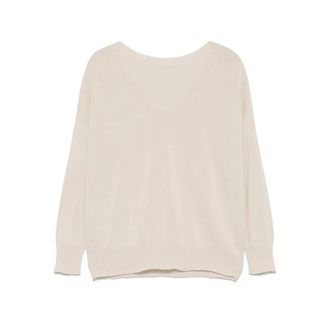 Le Tricot Perugia Beige Katoenen Trui met Ribdetails - Dames - V-hals truien - Beige - XL - Katoen - Truien & Vesten