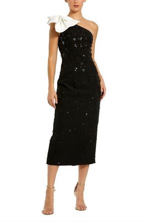 Mac Duggal Beaded Crepe One Shoulder Midi Dress With Bow in Black White at Nordstrom, Size 14