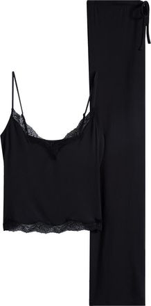 SKIMS Lace Trim Pajamas in Onyx at Nordstrom, Size Xx-Small