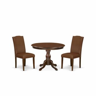 East West Furniture 3 Piece Dining Table Set - Mahogany Wood Table and 2 Brown Faux Leather Chairs for Dining Room