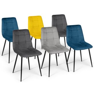 IDMarket Set Di 6 Sedie Da Pranzo In Velluto Blu X2, Grigio Scuro X2, Grigio Chiaro, Giallo Mila