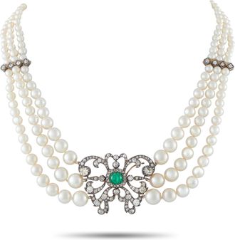 Luxury Bazaar 14K Rose Gold and Silver 4.50 ct Diamond, 1.50 ct Emerald, and Pearl Choker Necklace MF12-012726