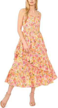 CeCe by Cynthia Steffe Asymmetric Ruffle Floral Print Midi Dress in Claret Red at Nordstrom, Size 14