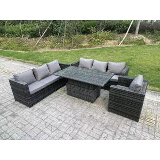 Fimous Fimous Wicker PE Garden Furniture Rattan Sofa Set Outdoor Adjustable Rising Lifting Dining Table Set with Armchair 7 Seater Dark Grey Mixed