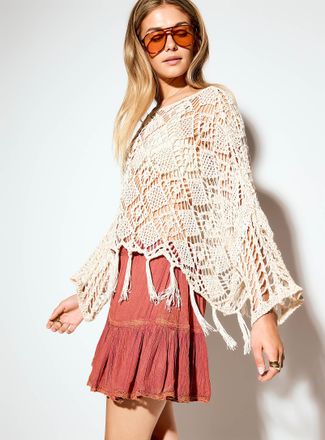 Icone Womens Fringed crochet poncho