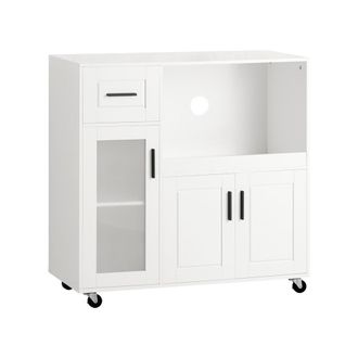 SoBuy Aparador Auxiliar De Almacenamiento Para Microondas Con 4 Ruedas Mueble Auxiliar De Comedor Con 3 Puertas Y 1 Caj&oacute;n 88,5 X 40 X 89 Cm Blanco Fsb78-w S
