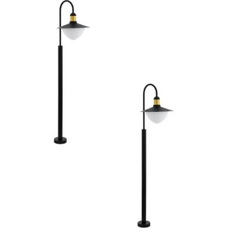 Loops 2 PACK IP44 Outdoor Bollard Light Black & Gold Curved Arm Post 1x 60W E27