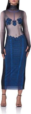 AFRM Shailene Long Sleeve Turtleneck Mesh Dress in Ornate Navy at Nordstrom Rack, Size Large