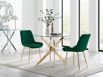 Furniturebox Novara 100cm Round Gold Leg Dining Table & 2 Pesaro Gold Leg Chairs in Green