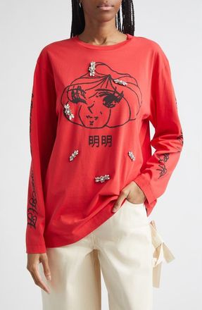 Simone Rocha Dim Sum Logo Long Sleeve Cotton Graphic T-Shirt in Red/Black/Pearl/Clear at Nordstrom, Size X-Small