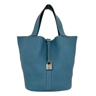 Herm&egrave;s Blue Taurillon Clemence Leather Handbag Tote Bag (Pre-Owned)