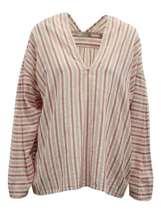 Vince Gestreepte blouse met verlaagde schouders en V-hals - Wit