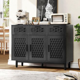 OEM Buffet Moderno De Rat&aacute;n Negro, Buffet Bajo, 3 Puertas 3 Cajones, 107.9x40x80 Cm, Patas De Madera Maciza, Para Sal&oacute;n, Cocina Y Dormitorio