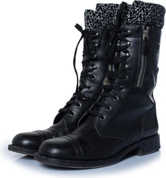 Chanel Chanel Zwarte leren cc tweed sok combat boots