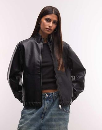 Carhartt Work in Progress giacca in pelle sintetica Arizona con collo a imbuto nera-Nero