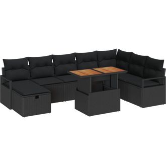 vidaXL Conjunto De Sof&aacute; De Jard&iacute;n 9 Pcs Negro Rat&aacute;n Sint&eacute;tico