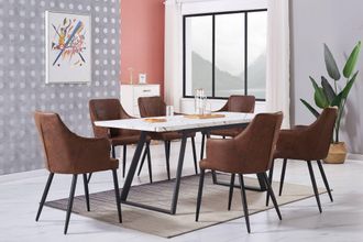 Life Interiors Life Interiors - Juego De Comedor Toga Lux Zarah: Mesa De Comedor Extensible Blanca Y Juego De 6 Sillas De Comedor De Cuero Marr&oacute;n - Comedor Cocina