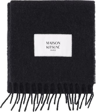Maison Kitsun&eacute; Logo Patch Sjaal met Franjes - Heren - Wintersjaals - Zwart - ONE Size - Accessoires