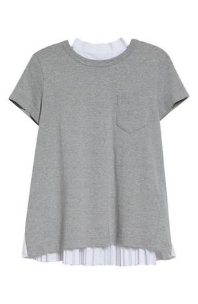 sacai Mixed Media Pleated Poplin & Jersey Pocket T-Shirt in Light Gray/White at Nordstrom, Size 2