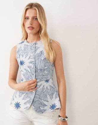 Never Fully Dressed Gilet taglio lungo in twill di denim blu con stampa soleil in coordinato-Marrone