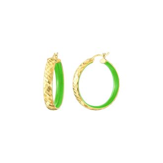 Gold & Honey Womens Enamel Hammered Hoop Earrings In Neon Green