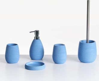 Beliani Beliani - Conjunto De Accesorios De Ba&ntilde;o Jabonera Dispensador De Jab&oacute;n Escobilla De Inodoro Vaso Soporte Para Cepillos De Dientes Azul Oscuro Quila