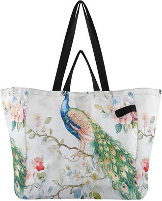 Generic Peacock Floral Branch White pattern Reusable Canvas Tote Bag, Heavy Duty Grocery Shopping Bag with Double Handles Large Capacity Hard Bottom Work Groc