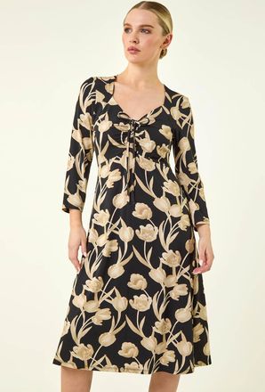 Roman Floral Gathered Stretch Midi Dress