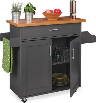 Relaxdays Carrito Auxiliar Con Encimera, Caj&oacute;n, 2 Compartimentos, Barra Para Pa&ntilde;os, Cajonera Con Ruedas, Gris Y Natural - Relaxdays