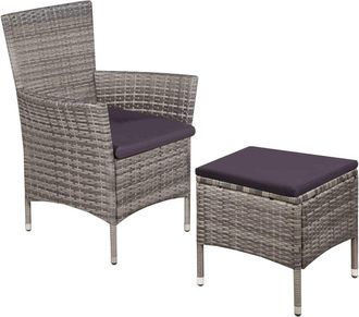 vidaXL Outdoor Chair and Stool with Cushions Poly Rattan Gray, 44092