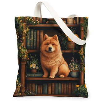 Generic Spring Chow Chow Dog Canvas Tote Bag for Shopping 13x15, Flower Bookshelf Puppy Reusable Grocery Print Bag for Women, Fun Pet Beach Aesthetic Painting