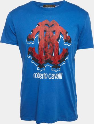 Roberto Cavalli Blue Logo Print Crewneck T-Shirt