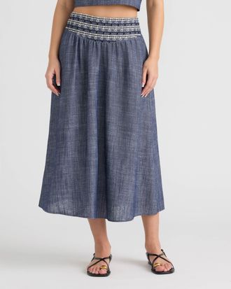 NVLT Womens Midi Skirt with Embroidered Yoke