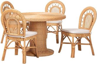 Baxton Studio Walker 5Pc Natural Rattan Dining Set With Round Pedestal Table & 4 Curved Back Chairs