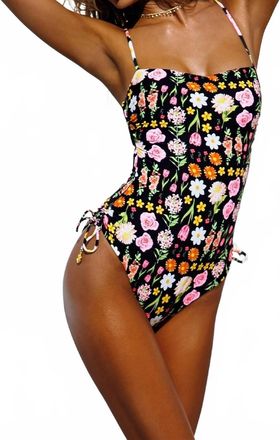 Luli Fama Lulis Secret Garden Square Neck Drawstring Side One Piece In Multicolor