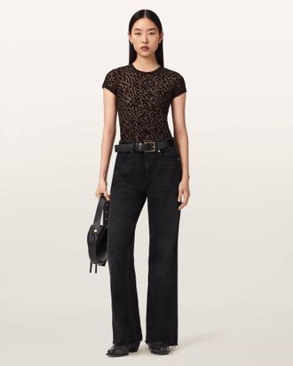AllSaints Polyester Ellie Mesh Leopard Print T-Shirt, Size: UK 14/US 10