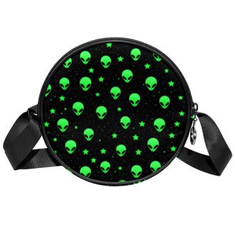 Generic Circle Crossbody Bag for Women, Green Small Alien Patern Small Sling Bag Daypack with Zipper Adjustable Shoulder Straps Casual Ladies Girls Round Purs