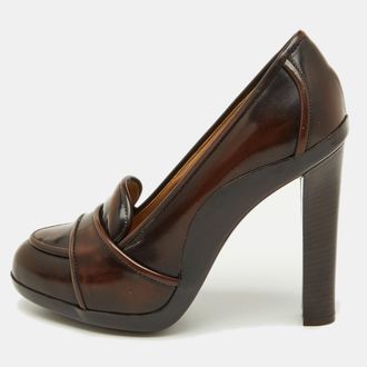 Ferragamo Dark Brown Leather Loafer Platform Pumps
