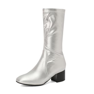 Generic Womens Mid-Calf Casual Boots with Square Toe and Block Heel - Patent Leather Riding Style,Silver,7.5 UK