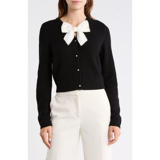 Alice & Olivia Dollie Pearly Bow Wool Blend Crop Cardigan in Black/Soft White at Nordstrom Rack, Size X-Small