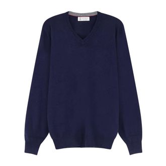 Brunello Cucinelli Maglione in cashmere con scollo a V - - Knitwear - Uomo - Blu - 4XL