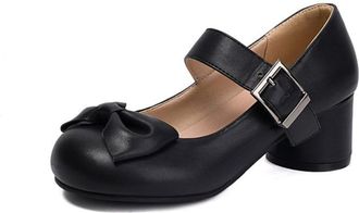 Generic Womens Round Toe Mary Jane Shoes Adjustable Ankle Strap Pumps Bow Embellishment Chunky Block Heel Textured Upper Lightweight Comfortable Shoes for Fas