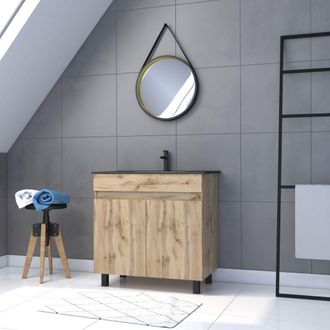 Aurlane Mueble De Ba&ntilde;o 80cm - Puertas Acabado Roble - Lavabo Negro + Espejo Barbero- Timber 80- Pack24